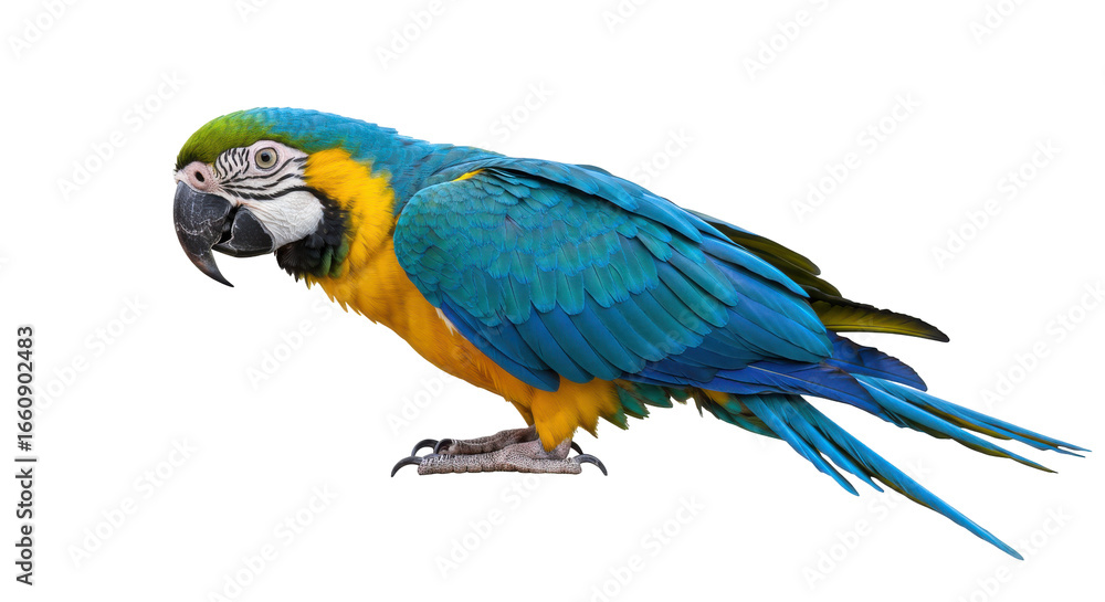 Fototapeta premium Vibrant Blue and Yellow Macaw Parrot perched against a transparent background