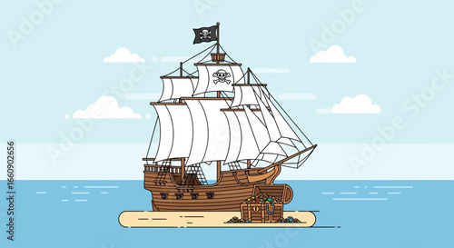 Pirate Ship with Skull and Crossbones Flag Sailing on Ocean Next to Small Island. Flat Design Nautical Adventure Illustration.