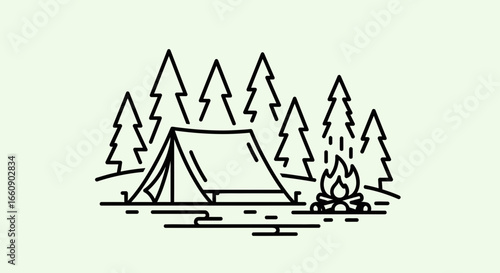 Minimalist Camping Line Art: Tent, Pine Trees & Campfire