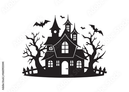 Wallpaper Mural Haunted House Silhouette with Flying Bats Spooky Halloween Night Vector. Torontodigital.ca