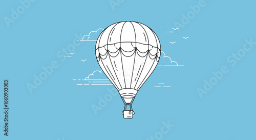 Minimalist White Line Art Hot Air Balloon Flying in Blue Sky with Clouds and Birds