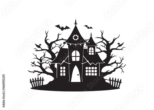 Wallpaper Mural Spooky Haunted House with Bats Silhouette Vector Halloween Illustration. Torontodigital.ca