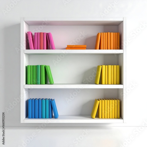 White bookshelf with three shelves, holding colorful books, against a white wall