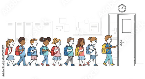 Diverse Elementary Students Lining Up for Class with Backpacks in School Hallway