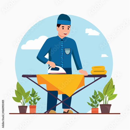 Man ironing clothes on an ironing board surrounded by plants.