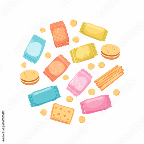 Colorful cartoon illustration of assorted snack packets and cookies.