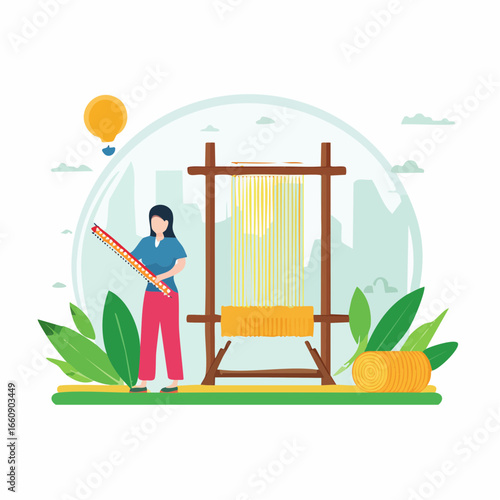 Woman weaving on a traditional loom with colorful threads and yarn.