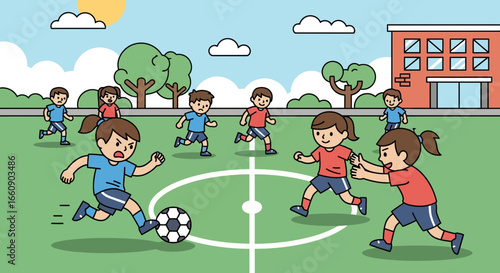 Happy children playing soccer on a school field under sunny sky. Kids' football game, outdoor sports illustration.