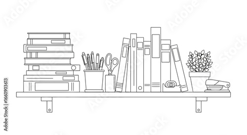 Simple Line Art Bookshelf with Books, Plant, and Stationery Items