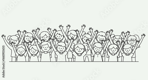 Line Art Illustration of Diverse Crowd Cheering with Raised Hands. United People Celebrating Success, Teamwork, or Community.