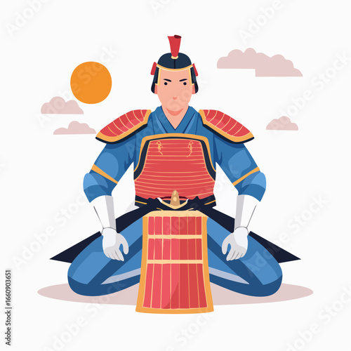 Samurai warrior in traditional armor meditating.