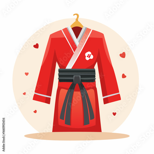 Red Karate Gi with Black Belt on Hanger.