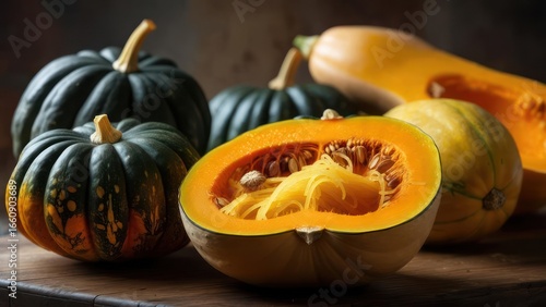 Vibrant Autumn Harvest:  Gourmet Squash and Noodles, Close-up
