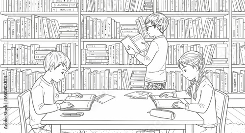 Young Students Reading and Studying in Library. Line Art Illustration of Children Learning with Bookshelves.