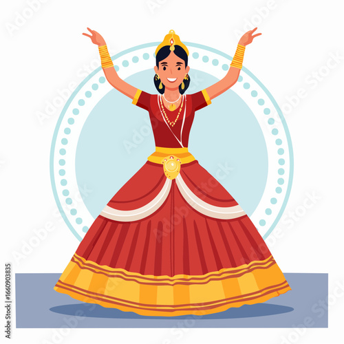 Illustration of a woman in traditional Indian attire dancing with joy.