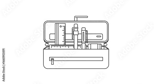 Minimalist Line Art Illustration of Open Pencil Case with School and Office Stationery