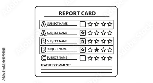 School Report Card Template with Grades A, B, C, Subject Names, and Star Ratings. Academic Progress Outline Illustration.