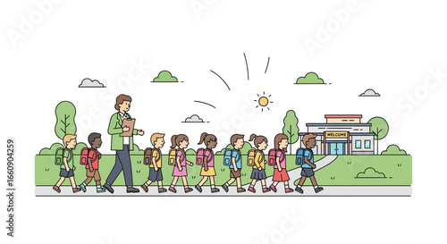 Teacher and Diverse School Children Walking to School. Education, Learning, and Childhood.