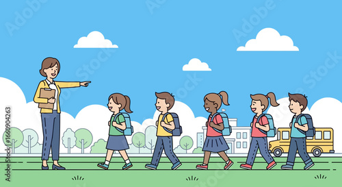 Teacher Guiding Diverse School Kids in a Line Outdoors for a Field Trip or School Walk, Education Concept