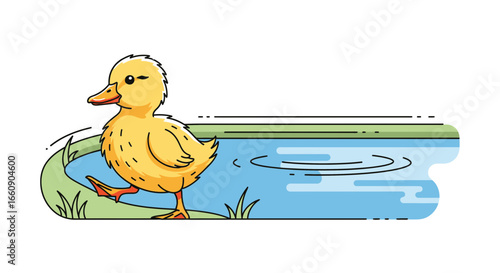 Cute Yellow Duckling Walking by Pond Shore - Adorable Line Art Illustration