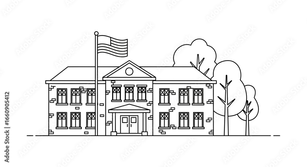 Obraz premium Classic School Building Illustration with US Flag & Trees
