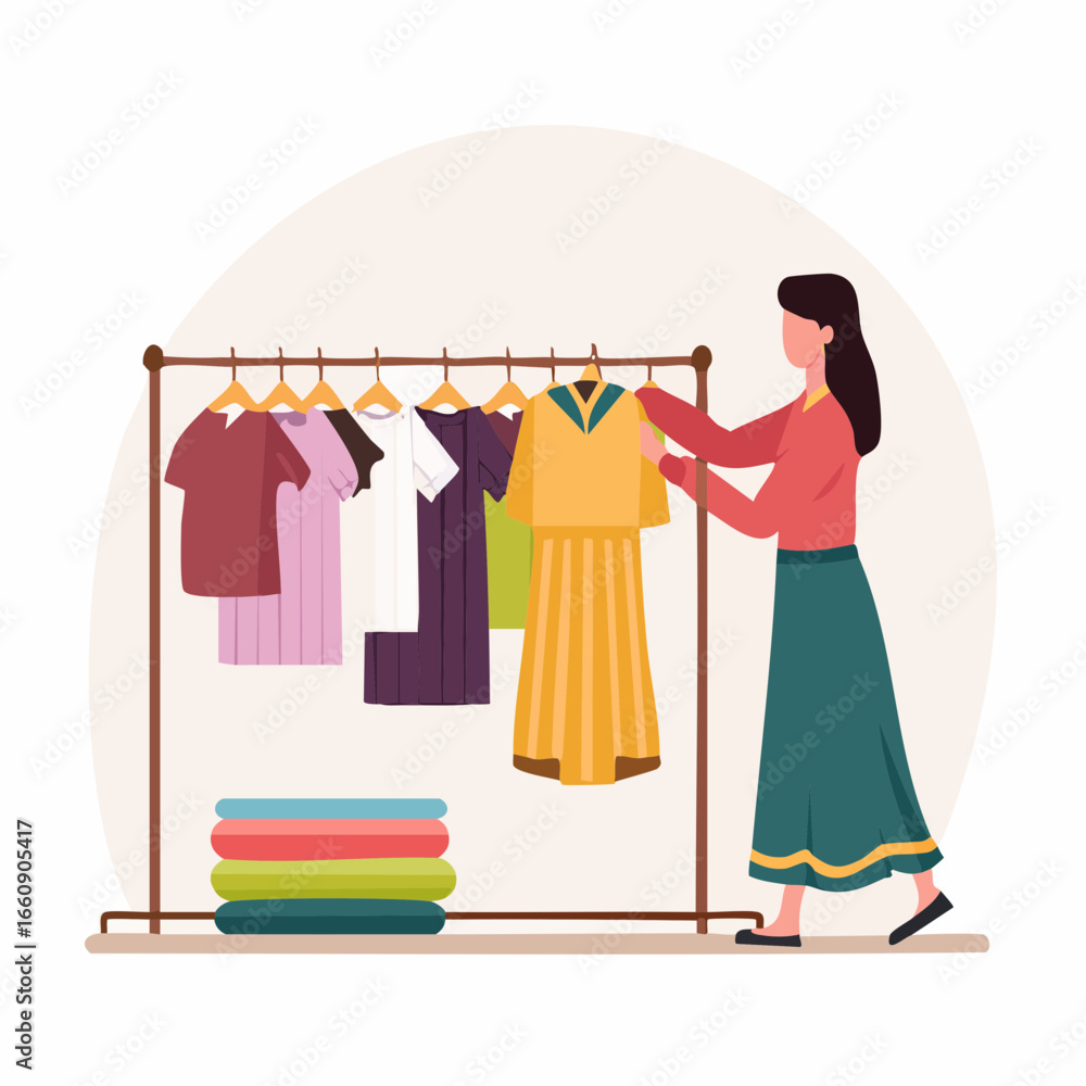 Obraz premium Woman browsing through clothes on a clothing rack with various garments.