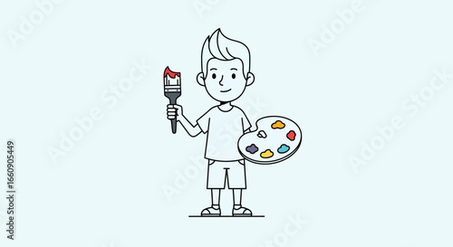 Young artist with paintbrush and colorful palette. Creative child learning to paint. Art hobby and education concept.