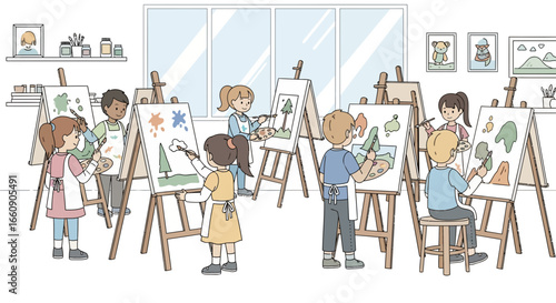 Kids Art Class: Diverse Young Students Painting on Easels in a Bright Studio