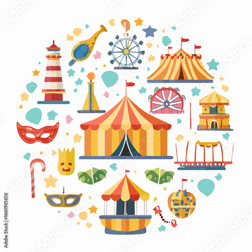 Vibrant carnival elements in a circular arrangement.