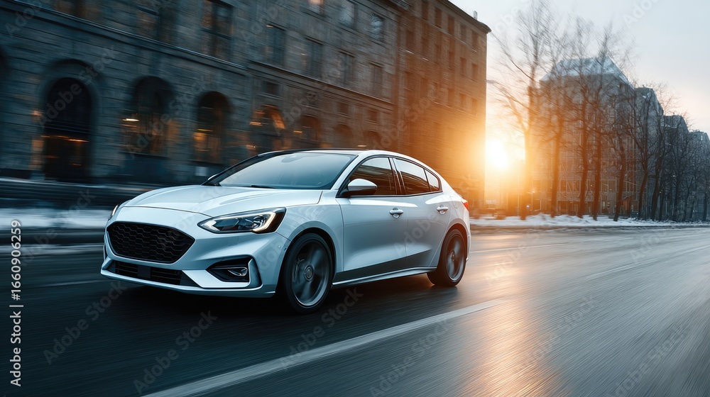 Fototapeta premium Silver Car on Winter City Street at Sunset Showing Speed and Urban Elegance