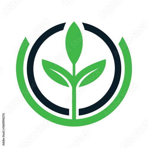 Green seedling sprout with dark blue and green circular frame plant leaf
