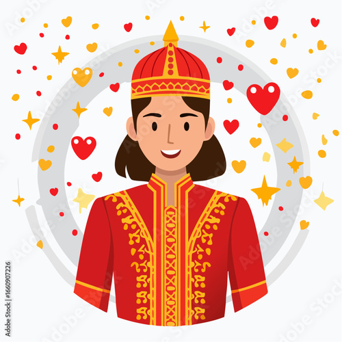 Cartoon illustration of a smiling man in traditional red and gold attire surrounded by hearts and stars.