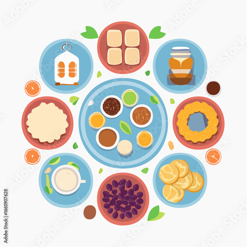 Traditional Festive Food Circle Illustration. Flat lay of breakfast items, dates, honey, milk, and lantern in a round design.