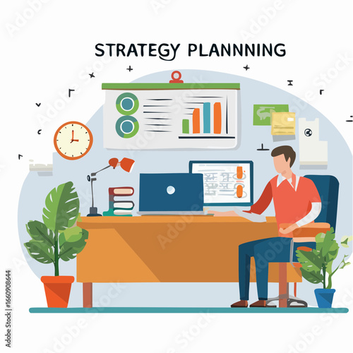 Man working on strategy planning at desk with computer and charts.