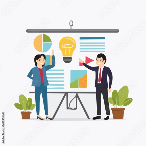 Business professionals presenting data analysis and ideas on a presentation board.