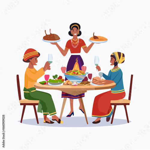 Three people enjoying a meal together at a dining table.