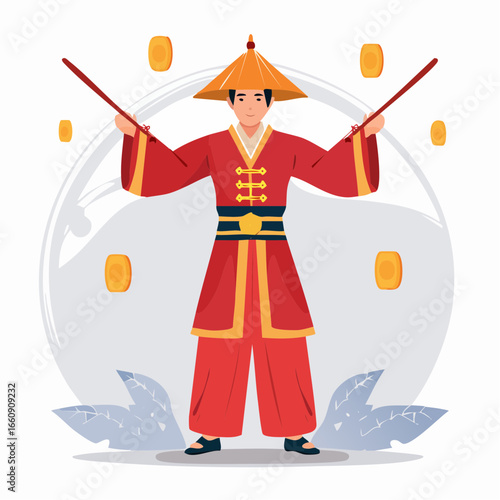 Traditional Chinese martial artist in red uniform performing with sticks.