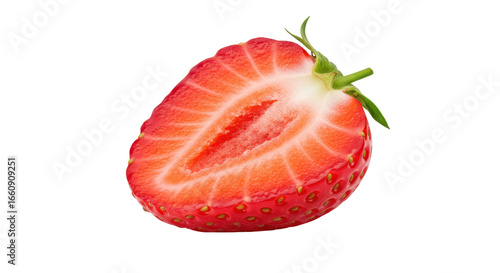 Freshly sliced strawberry showcasing vibrant red flesh isolated on white background green leaves