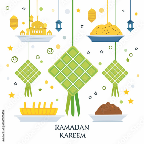 Ramadan Kareem greeting card with traditional decorations and food.