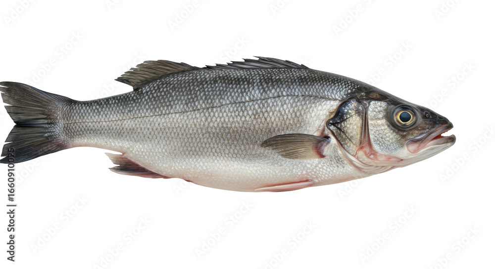 Obraz premium Freshly caught fish isolated on white background lying on a surface showcasing its shiny scales and features