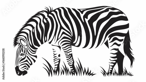 Illustration of a zebra grazing in a field with black and white stripes and a flowing mane design element