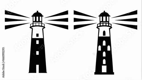 Two black and white lighthouse illustrations with beams of light emanating from the top section area silhouette