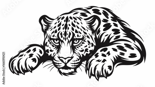 Illustration of a black and white jaguar lying down with a focused gaze and intricate spot patterns design