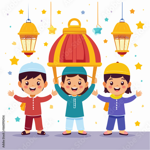 Three children holding lanterns for Ramadan celebration.