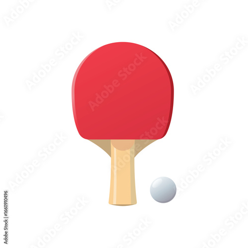 Illustration of a red ping pong paddle with a wooden handle and a white table tennis ball