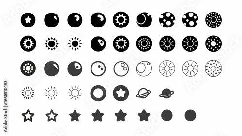 Illustration of various celestial bodies including stars moons suns and planets in a grid pattern design silhouette
