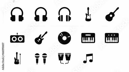 Illustration of various musical instruments and audio equipment in a simple black and white style design silhouette