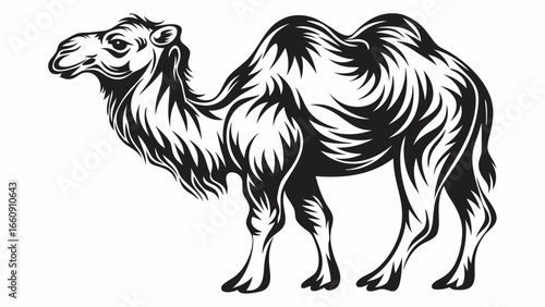Stylized monochrome illustration of a camel standing with detailed fur and two humps on its back side view