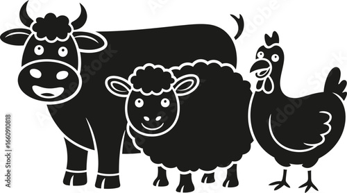 Cartoon farm animals including a cow a sheep and a chicken