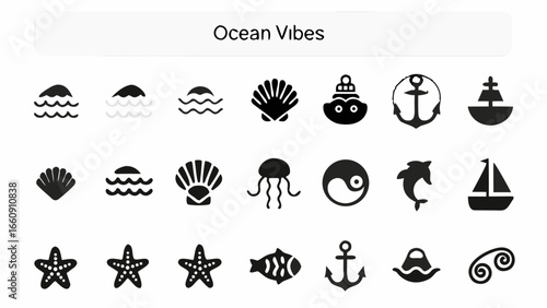 Illustration of ocean themed icons including waves, seashells, sea creatures, and nautical elements design set silhouette